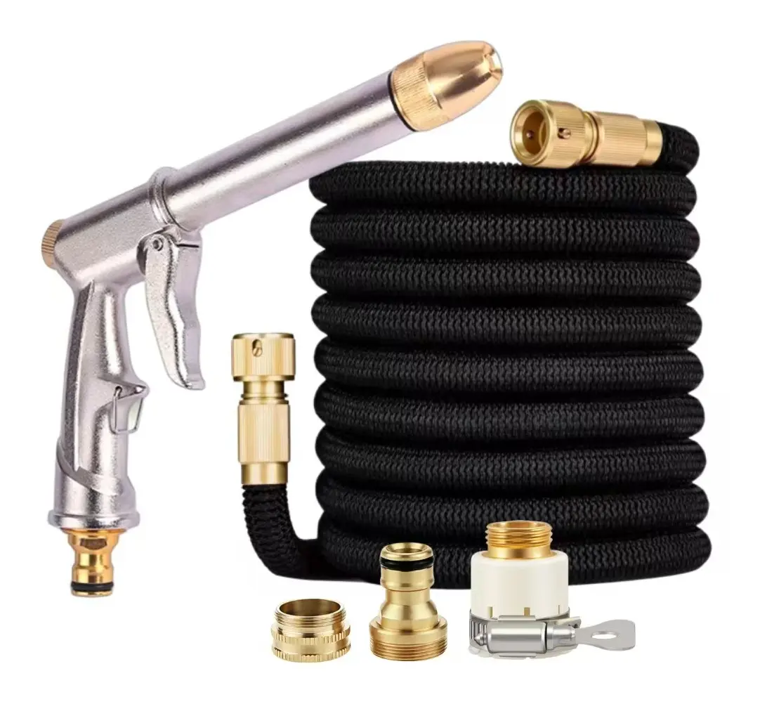 Black expandable car wash hose set with metal nozzle and brass fittings